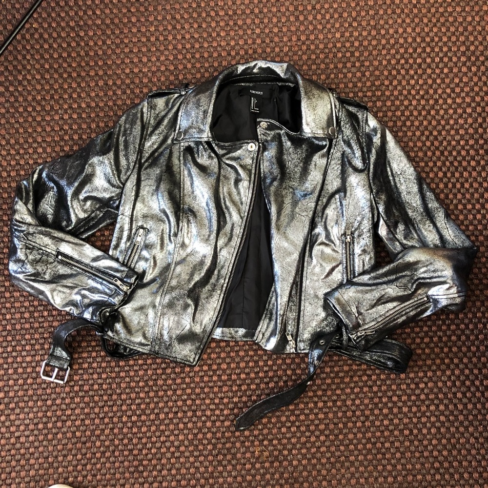 F21 silver moto jacket
